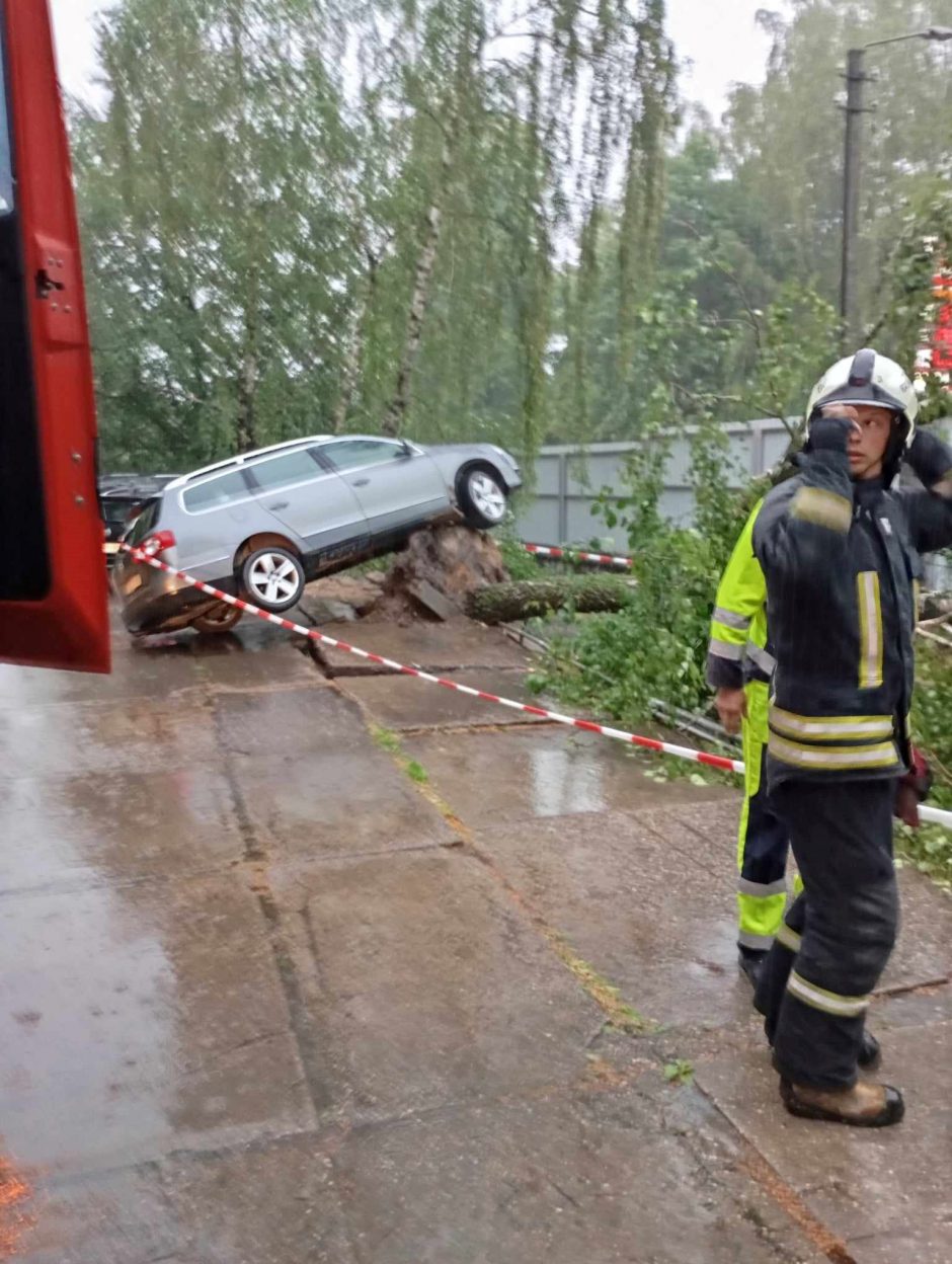 Audra siautėjo: Petrašiūnuose nuvirtęs medis pakėlė automobilį