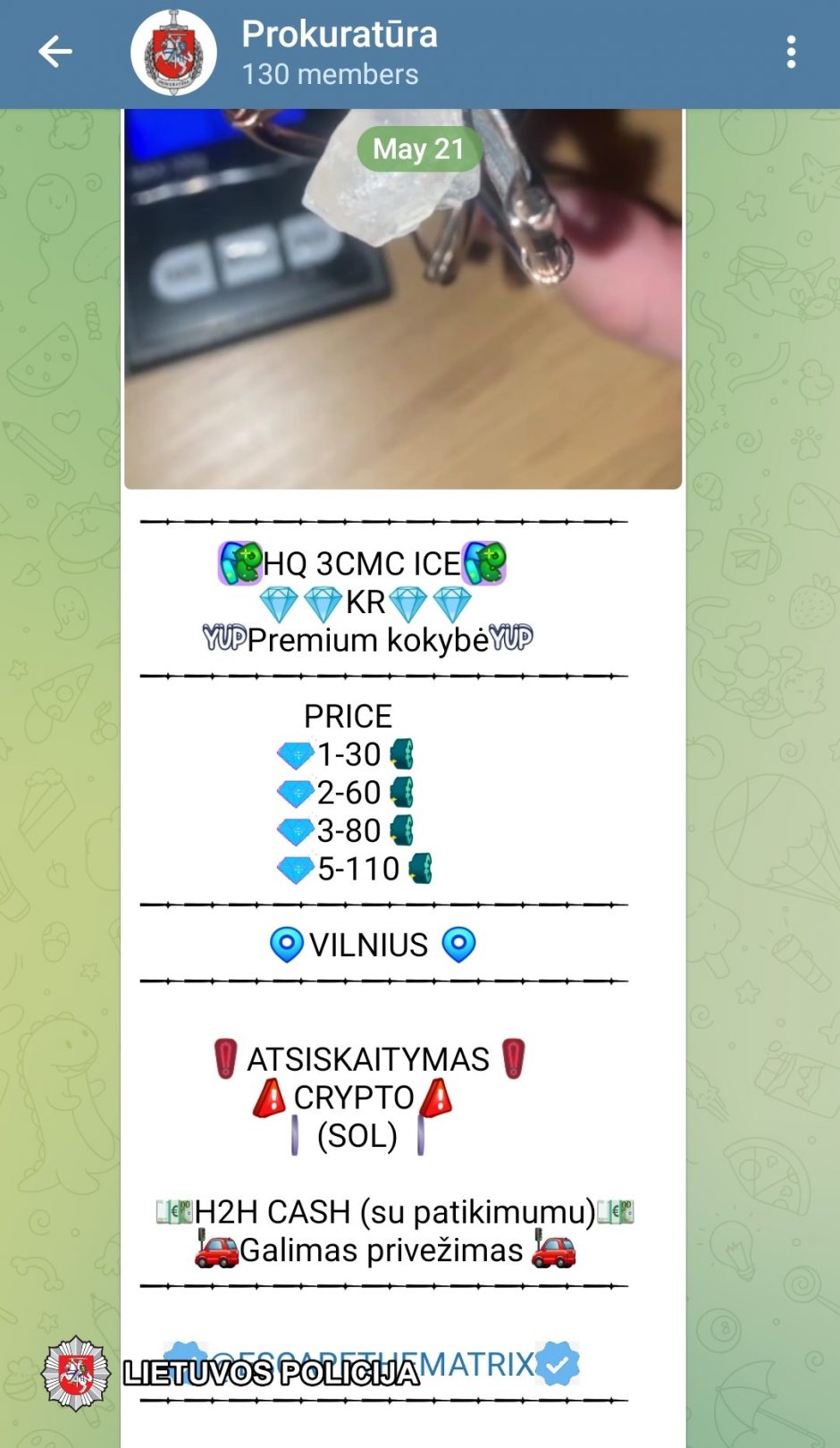 Vilniaus policija „Telegram“ kanale likvidavo narkotikų platinimui sukurtą grupę „Prokuratūra“