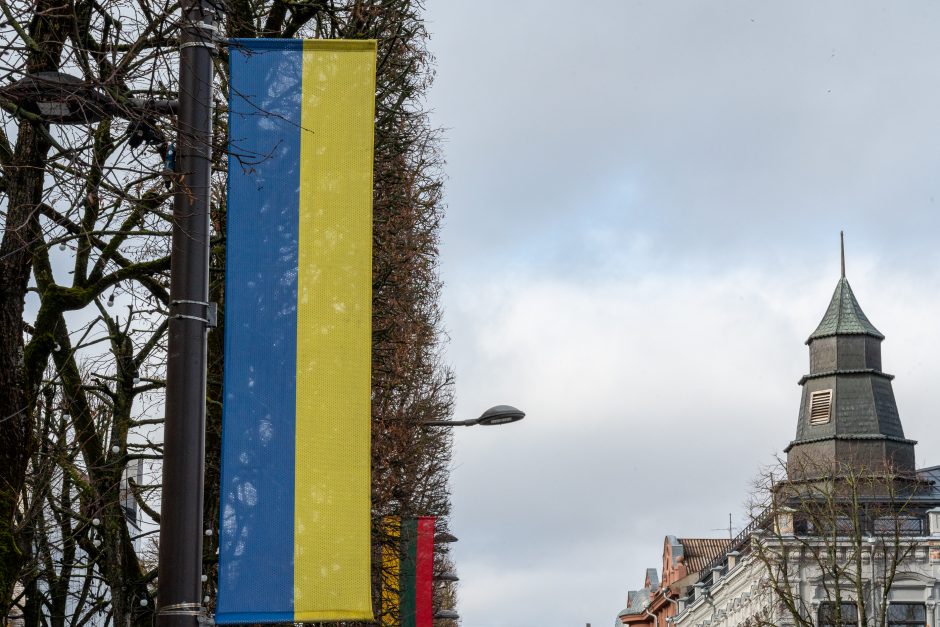 Kaunas siunčia palaikymo žinutę Ukrainai: artėjant karo metinėms Laisvės alėjoje suplazdėjo vėliavos