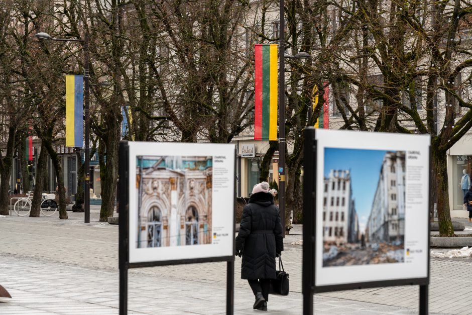 Kaunas siunčia palaikymo žinutę Ukrainai: artėjant karo metinėms Laisvės alėjoje suplazdėjo vėliavos