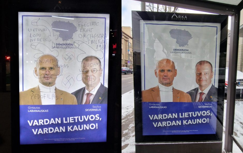 Vandalams užkliuvo politinis plakatas: išpaišė nešvankiais ženklais ir necenzūriniais žodžiais